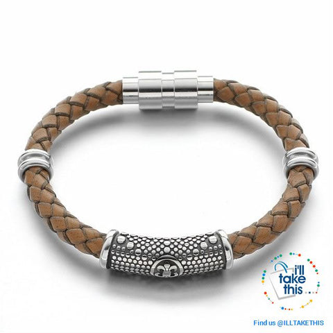 Image of Braided Leather Bracelet with Stainless Steel Iris Flower/Fleur De Lis, 2 x Charms + Magnetic Clasp - I'LL TAKE THIS