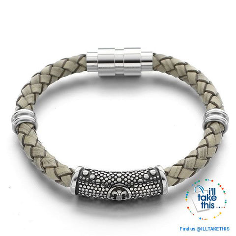 Image of Braided Leather Bracelet with Stainless Steel Iris Flower/Fleur De Lis, 2 x Charms + Magnetic Clasp - I'LL TAKE THIS