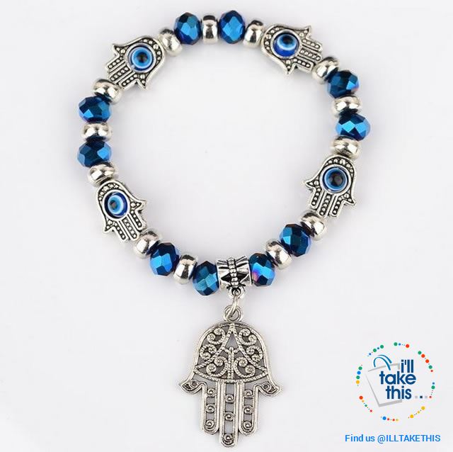 Handmade elasticized Kabbalah Fatima Hamsa Hand Blue Evil Eye Charms Bracelets, attract good Luck - I'LL TAKE THIS