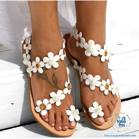 Image of Ladies Bohemian Beach Sandals with 🌼 Crisp White Flowers - I'LL TAKE THIS