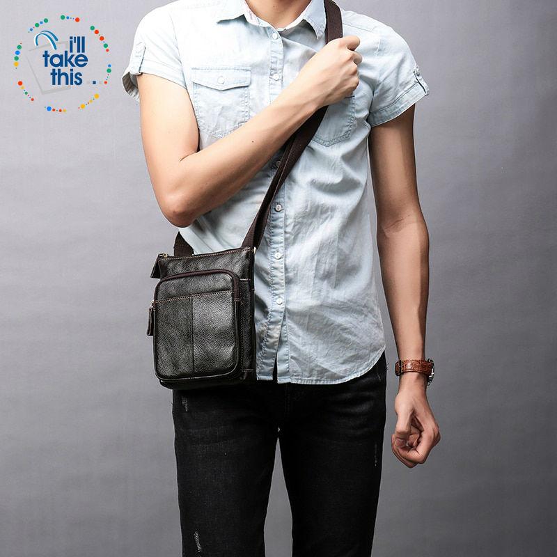 Man Bag in Cowhide Leather - Cross-body/Shoulder Strap, 2 Zipper + 1 Open pocket - 2 Colors - I'LL TAKE THIS