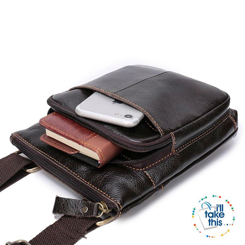 Man Bag in Cowhide Leather - Cross-body/Shoulder Strap, 2 Zipper + 1 Open pocket - 2 Colors - I'LL TAKE THIS