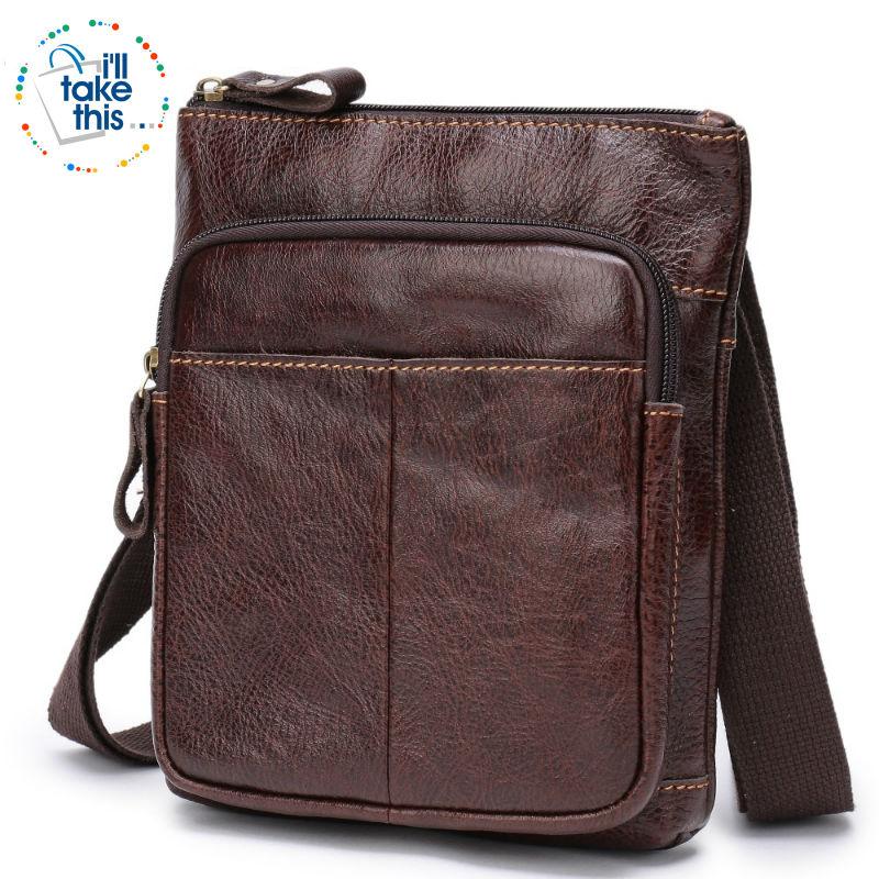 Man Bag in Cowhide Leather - Cross-body/Shoulder Strap, 2 Zipper + 1 Open pocket - 2 Colors - I'LL TAKE THIS