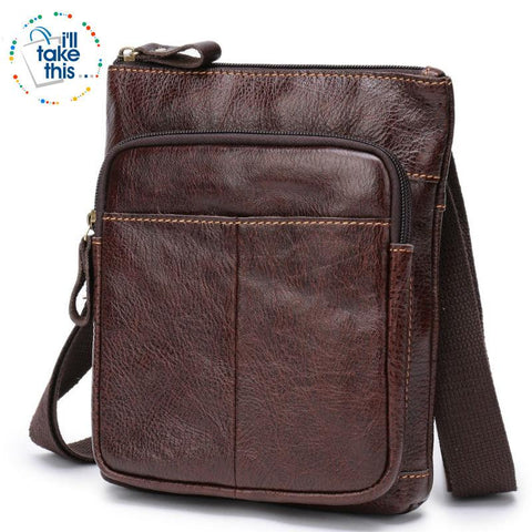 Image of Man Bag in Cowhide Leather - Cross-body/Shoulder Strap, 2 Zipper + 1 Open pocket - 2 Colors - I'LL TAKE THIS