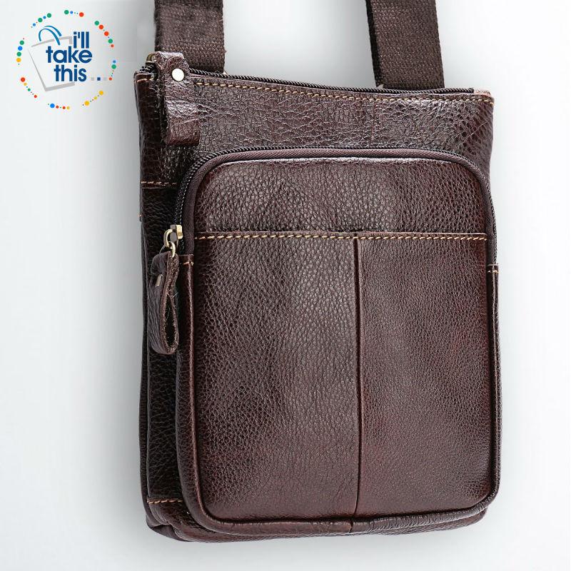 Man Bag in Cowhide Leather - Cross-body/Shoulder Strap, 2 Zipper + 1 Open pocket - 2 Colors - I'LL TAKE THIS