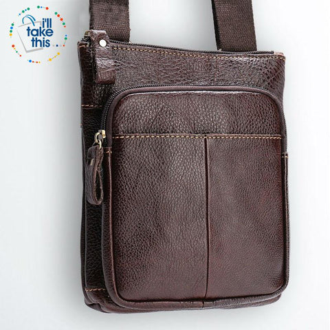 Image of Man Bag in Cowhide Leather - Cross-body/Shoulder Strap, 2 Zipper + 1 Open pocket - 2 Colors - I'LL TAKE THIS