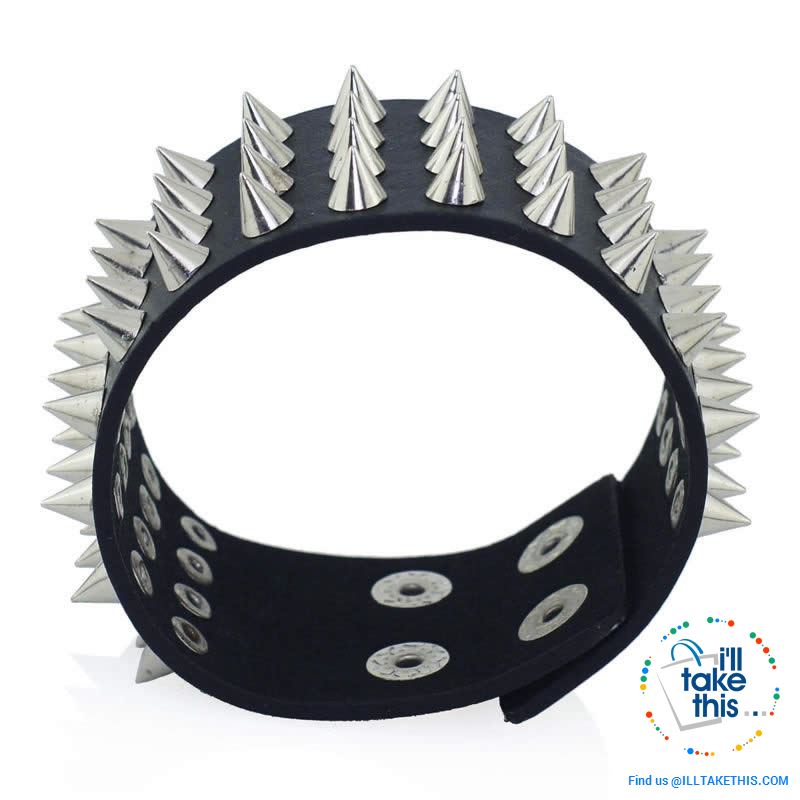 Unisex Studded Punk Wristbands, one color, on style Black with 4 rows of chrome studs - I'LL TAKE THIS