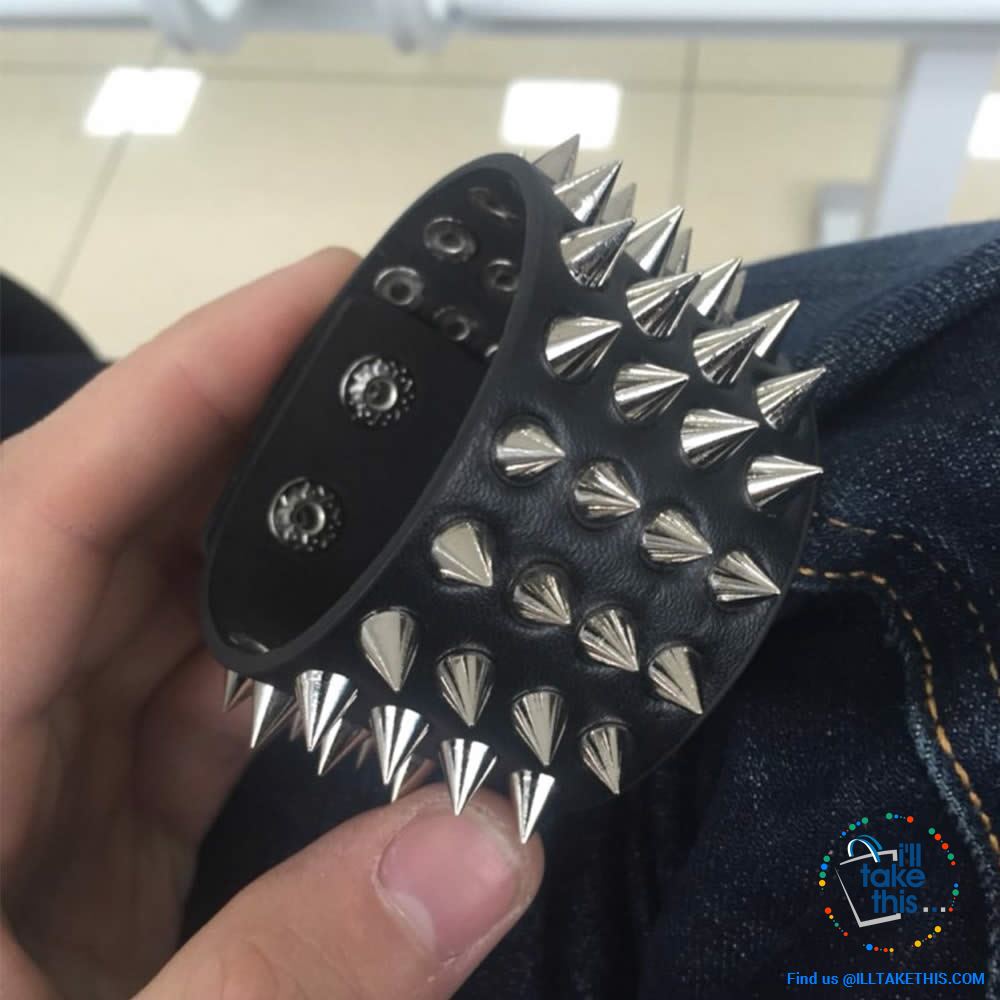 Unisex Studded Punk Wristbands, one color, on style Black with 4 rows of chrome studs - I'LL TAKE THIS