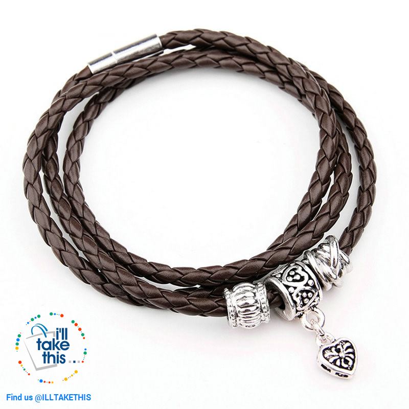 24' Inch Real Leather Wraparound Bracelet with Silver Charm magnetic clasp in 5 Color Choices - I'LL TAKE THIS