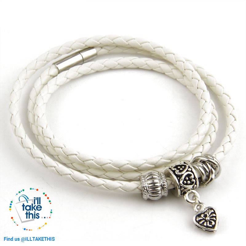 24' Inch Real Leather Wraparound Bracelet with Silver Charm magnetic clasp in 5 Color Choices - I'LL TAKE THIS