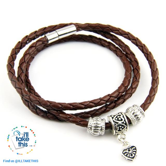 24' Inch Real Leather Wraparound Bracelet with Silver Charm magnetic clasp in 5 Color Choices - I'LL TAKE THIS
