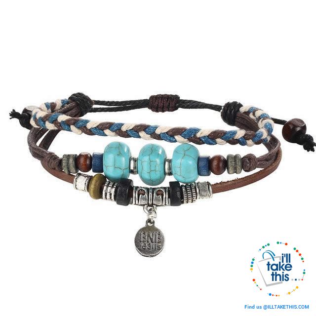 Leather Wristband Punk Design Bracelets Unisex, Turkish Evil Eye, Female Owl, Ethnic Turquoise band - I'LL TAKE THIS