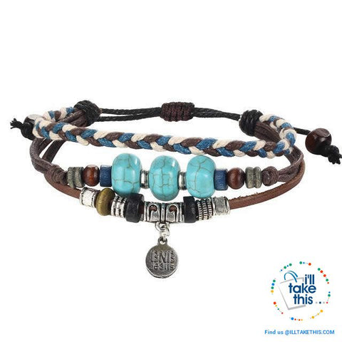 Image of Leather Wristband Punk Design Bracelets Unisex, Turkish Evil Eye, Female Owl, Ethnic Turquoise band - I'LL TAKE THIS