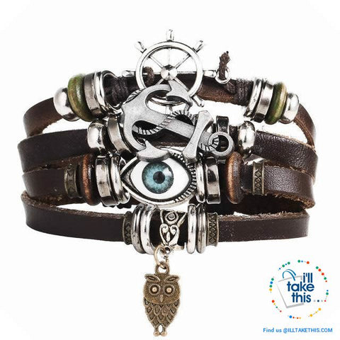 Image of Leather Wristband Punk Design Bracelets Unisex, Turkish Evil Eye, Female Owl, Ethnic Turquoise band - I'LL TAKE THIS