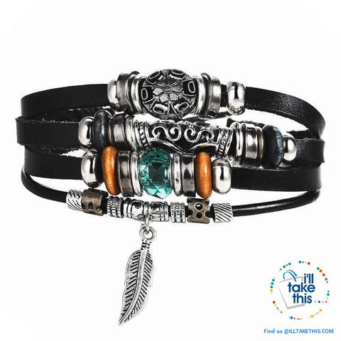 Image of Leather Wristband Punk Design Bracelets Unisex, Turkish Evil Eye, Female Owl, Ethnic Turquoise band - I'LL TAKE THIS