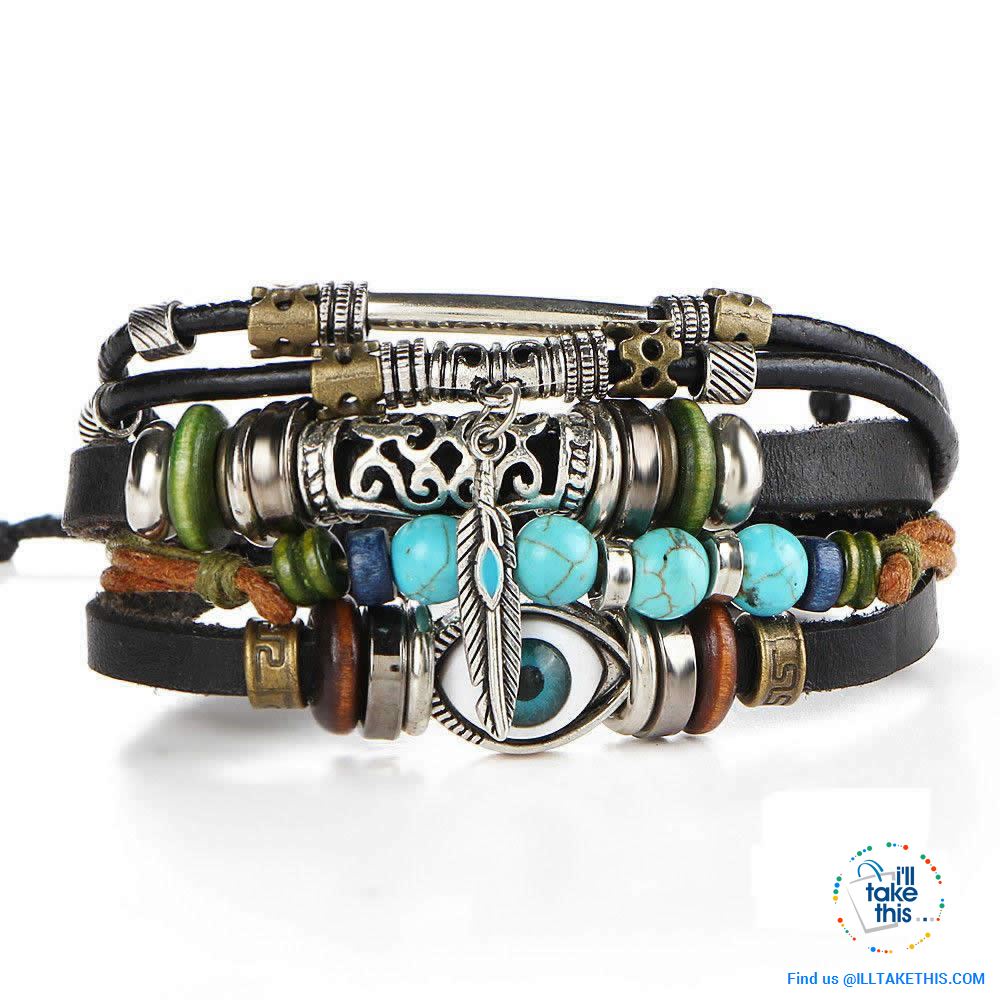 Leather Wristband Punk Design Bracelets Unisex, Turkish Evil Eye, Female Owl, Ethnic Turquoise band - I'LL TAKE THIS