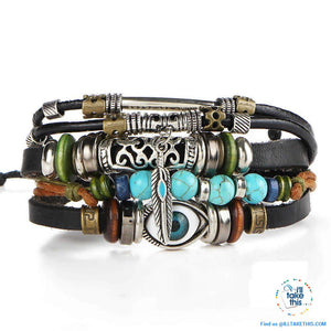 Leather Wristband Punk Design Bracelets Unisex, Turkish Evil Eye, Female Owl, Ethnic Turquoise band - I'LL TAKE THIS