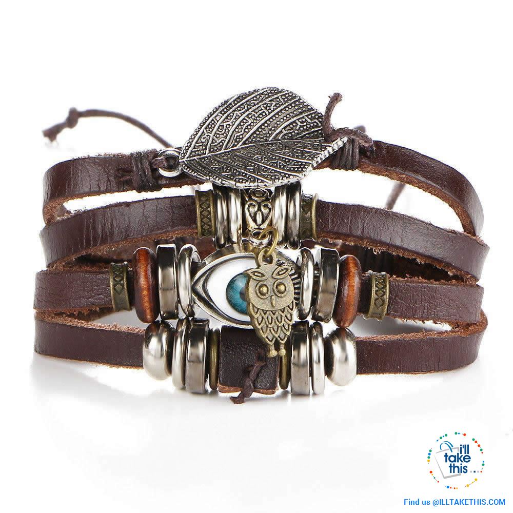 Leather Wristband Punk Design Bracelets Unisex, Turkish Evil Eye, Female Owl, Ethnic Turquoise band - I'LL TAKE THIS