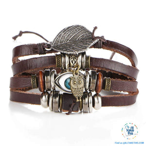 Leather Wristband Punk Design Bracelets Unisex, Turkish Evil Eye, Female Owl, Ethnic Turquoise band