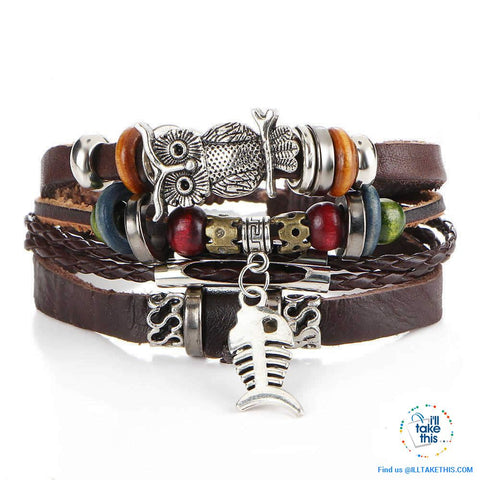Image of Leather Wristband Punk Design Bracelets Unisex, Turkish Evil Eye, Female Owl, Ethnic Turquoise band - I'LL TAKE THIS