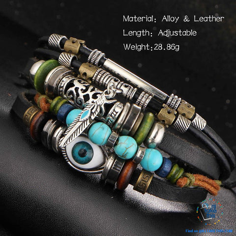 Image of Leather Wristband Punk Design Bracelets Unisex, Turkish Evil Eye, Female Owl, Ethnic Turquoise band - I'LL TAKE THIS