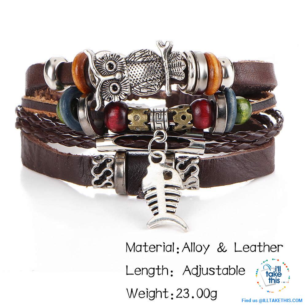 Leather Wristband Punk Design Bracelets Unisex, Turkish Evil Eye, Female Owl, Ethnic Turquoise band - I'LL TAKE THIS