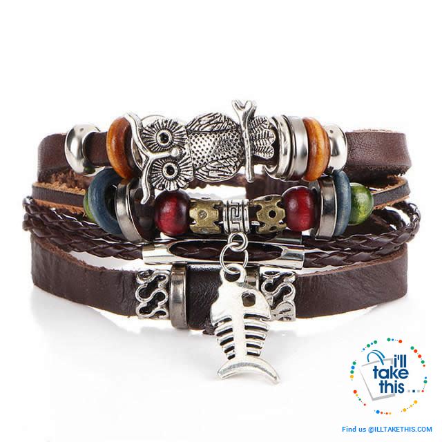 Leather Wristband Punk Design Bracelets Unisex, Turkish Evil Eye, Female Owl, Ethnic Turquoise band - I'LL TAKE THIS