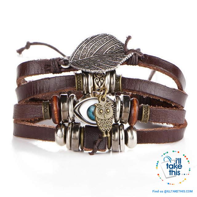 Leather Wristband Punk Design Bracelets Unisex, Turkish Evil Eye, Female Owl, Ethnic Turquoise band - I'LL TAKE THIS