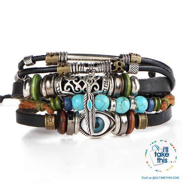 Leather Wristband Punk Design Bracelets Unisex, Turkish Evil Eye, Female Owl, Ethnic Turquoise band - I'LL TAKE THIS
