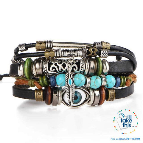 Image of Leather Wristband Punk Design Bracelets Unisex, Turkish Evil Eye, Female Owl, Ethnic Turquoise band - I'LL TAKE THIS