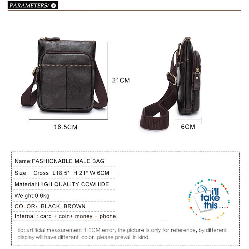 Man Bag in Cowhide Leather - Cross-body/Shoulder Strap, 2 Zipper + 1 Open pocket - 2 Colors - I'LL TAKE THIS