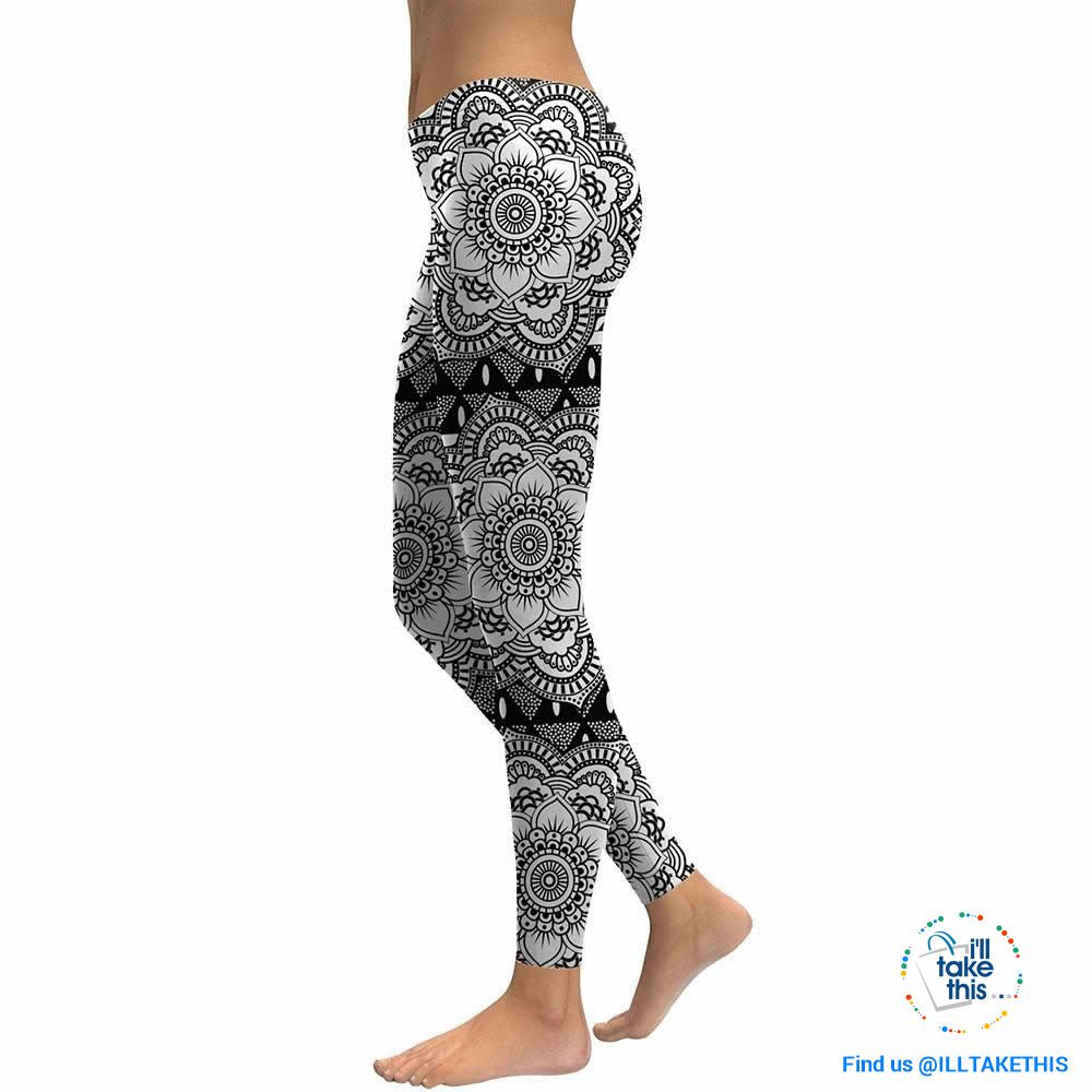 Mandala/Lotus Flower Grey-scale Digital Print Streetwear Woman's Leggings - Small to XLarge - I'LL TAKE THIS