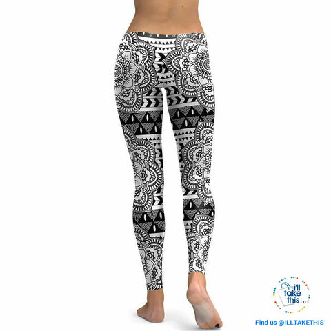 Image of Mandala/Lotus Flower Grey-scale Digital Print Streetwear Woman's Leggings - Small to XLarge - I'LL TAKE THIS