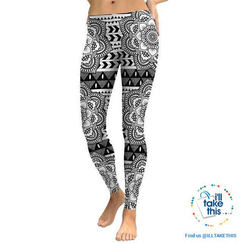 Image of Mandala/Lotus Flower Grey-scale Digital Print Streetwear Woman's Leggings - Small to XLarge - I'LL TAKE THIS