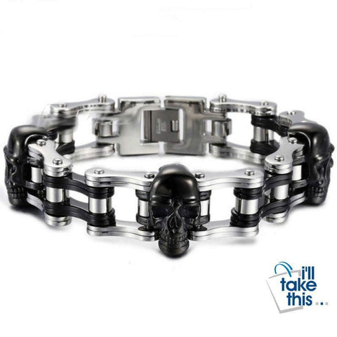 Image of Men's Biker Style Skull and Link Chain Bracelet in 316L Stainless Steel - I'LL TAKE THIS