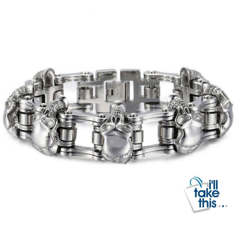 Men's Biker Style Skull and Link Chain Bracelet in 316L Stainless Steel - I'LL TAKE THIS
