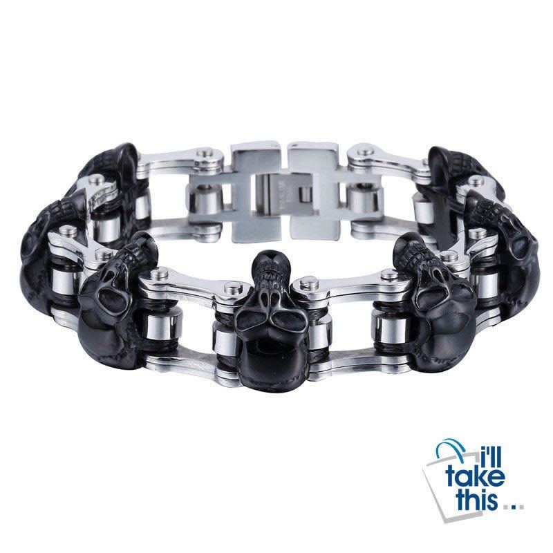 Men's Biker Style Skull and Link Chain Bracelet in 316L Stainless Steel - I'LL TAKE THIS