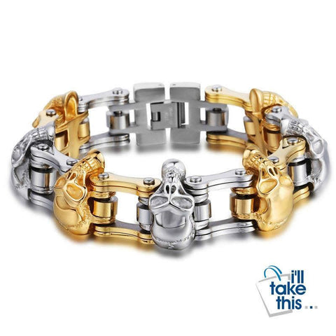 Image of Men's Biker Style Skull and Link Chain Bracelet in 316L Stainless Steel - I'LL TAKE THIS