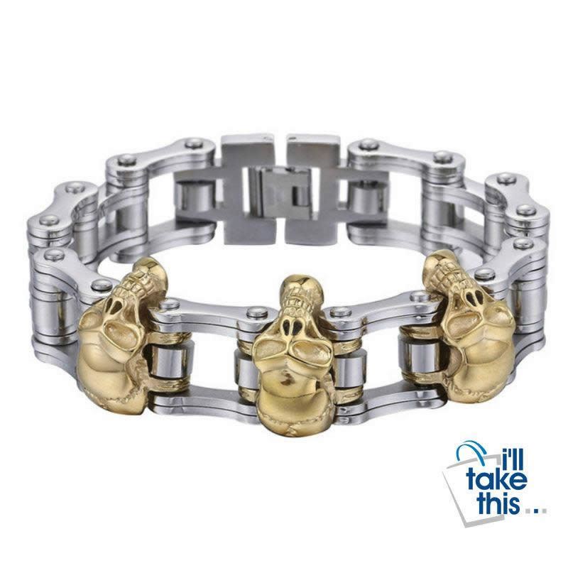 Men's Biker Style Skull and Link Chain Bracelet in 316L Stainless Steel - I'LL TAKE THIS