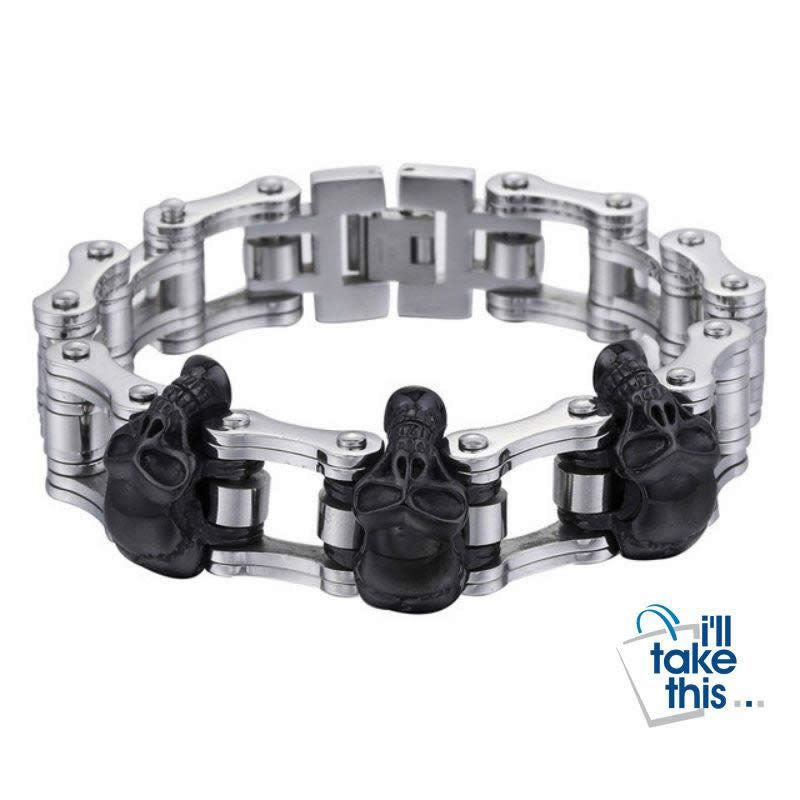 Men's Biker Style Skull and Link Chain Bracelet in 316L Stainless Steel - I'LL TAKE THIS