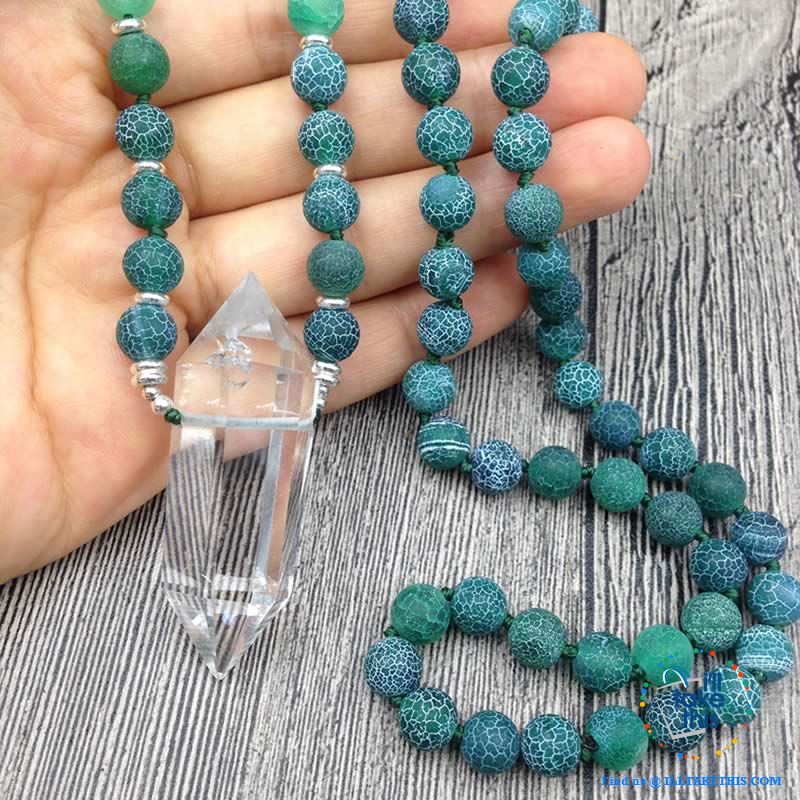 Natural Quartz Double point Crystal Pendant with Green Agate 8mm Beads - I'LL TAKE THIS