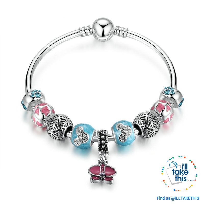 Orchid Blessing Charms Bangle Silver Platting Bracelets in 2 Wrist sizes - I'LL TAKE THIS