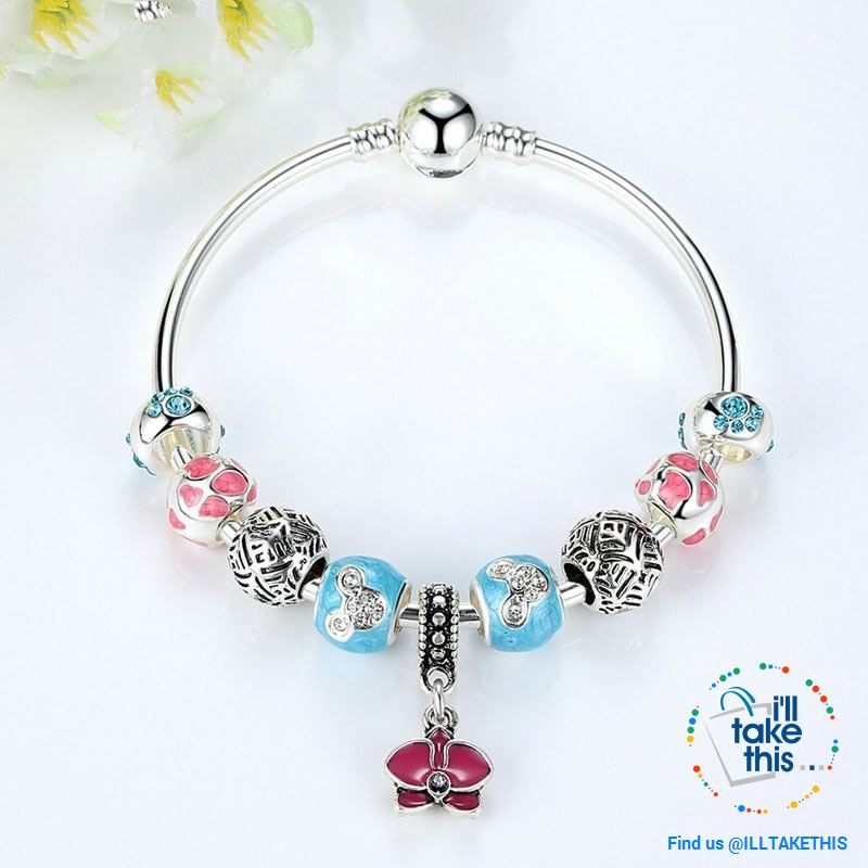 Orchid Blessing Charms Bangle Silver Platting Bracelets in 2 Wrist sizes - I'LL TAKE THIS