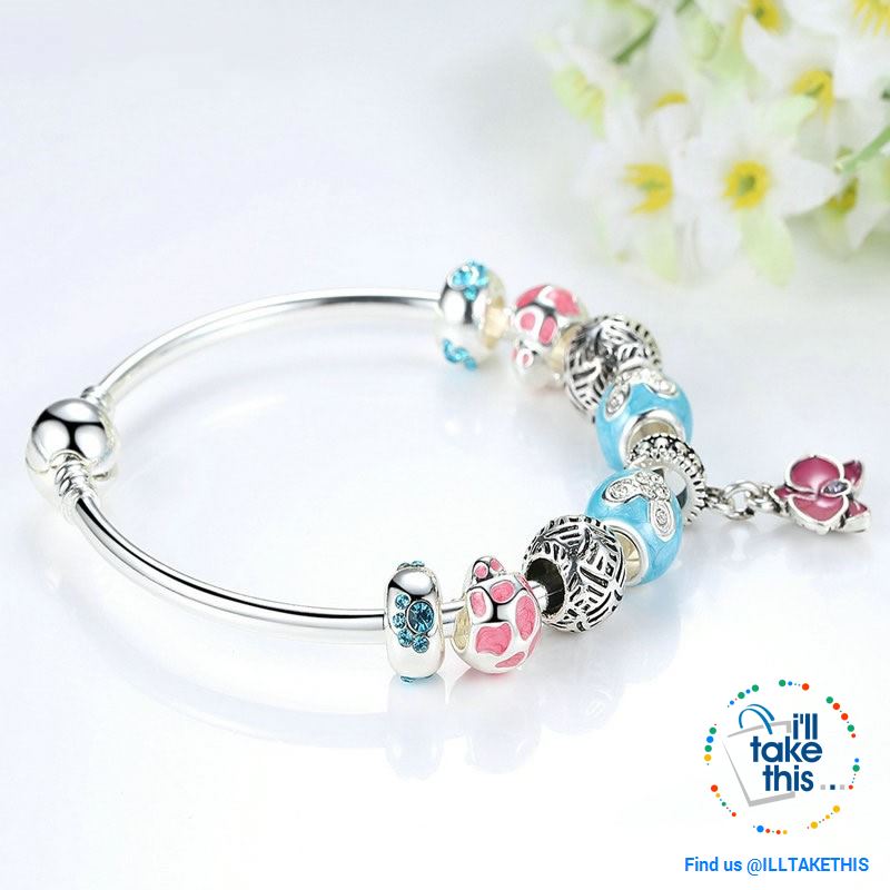 Orchid Blessing Charms Bangle Silver Platting Bracelets in 2 Wrist sizes - I'LL TAKE THIS