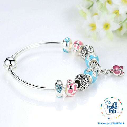Image of Orchid Blessing Charms Bangle Silver Platting Bracelets in 2 Wrist sizes - I'LL TAKE THIS