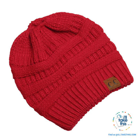 Image of Ponytail Soft stretch Knitted Beanie, Skullies in 25 block Color options - I'LL TAKE THIS