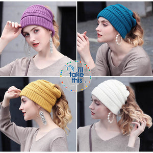 Ponytail Soft stretch Knitted Beanie, Skullies in 25 block Color options - I'LL TAKE THIS