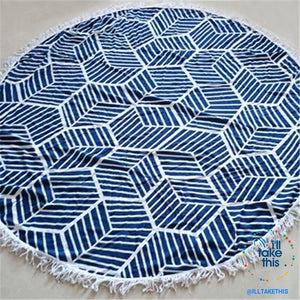 Round Tassel Beach Blanket, Yoga mat Mandala inspired Royal blue Round Tapestry