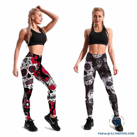 Image of Skull and flower Black Women's Leggings from S to 4XL - I'LL TAKE THIS