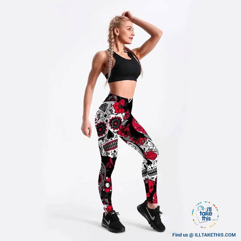 Image of Skull and flower Black Women's Leggings from S to 4XL - I'LL TAKE THIS